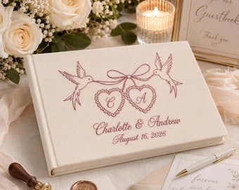 Custom Guest Book For Wedding, Embroidered Photo Album, Love Birds Notebook, Linen Wedding Guest Book, Bridal Shower Gift, Wedding Gift