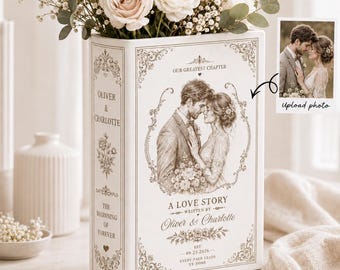 Personalized Wedding Photo Ceramic Book Vase, Love Story Design, Custom Names Oliver & Charlotte, Anniversary Keepsake Gift