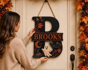 Halloween Wooden Door Sign, Spooky Door Hanger, Wooden Halloween Hanging Decor, Seasonal Wall Sign, Custom Family Name