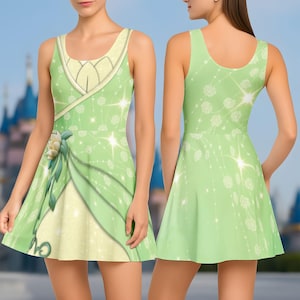 Tiana Princess Skater Dress, Bayou Princess Disneyland Trip Outfit, Disneybound Tiana Running Dress, Princess Park Costume Skater Dress