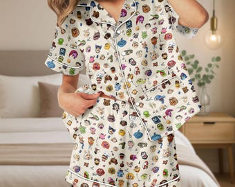 The Muppet Show Short Satin Pajamas Set, Cartoon Sleepwear, Kermit the Frog Lounge Set, Muppets Pajamas Women, Animal Muppet Pajamas