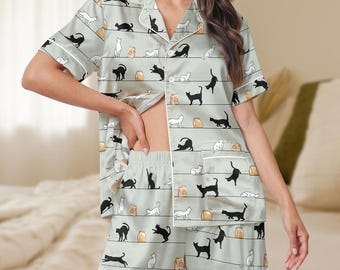 Pijama corto de satén con estampado de gato, ideal para amantes de los gatos, de seda, para mamá gata, para novia, ideal para amantes de las mascotas.