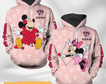 Bluza z kapturem dla par Disney, spersonalizowana bluza z kapturem Myszki Miki i Myszki Minnie, spersonalizowany prezent na Walentynki, prezent dla niego i dla niej, pasujące stroje dla par