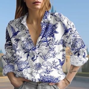 Blue Floral Blouse Shirt, Long Sleeve Button Down Top, Elegant Botanical Shirt Women, Garden Flower Pattern Shirt, Spring Summer Outfit