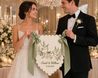 Personalized Dove Embroidered Wedding Banner Flag, Custom Name Wedding Sign, Couple Name Keepsake, Floral Wall Hanging, Wedding Welcome