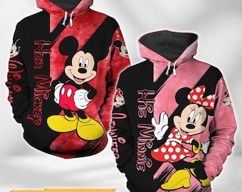 Jej bluza z kapturem Myszka Miki i Jego Minnie, spersonalizowana bluza z kapturem dla pary Myszka Disneya, prezent na Walentynki, jego i jej bluza z kapturem, stroje dla par Disneyland