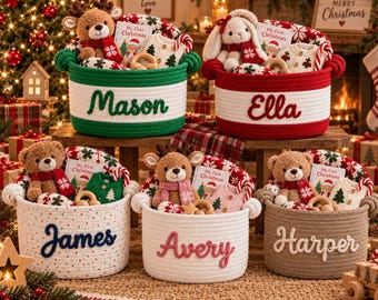 Personalized Rope Christmas Baby Basket, Custom Name Kids Gift Basket, Christmas Eve Holder, Holiday Toy And Book Storage