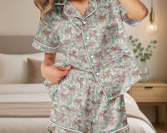Disney bambi satijnen pyjama, boszijden pyjama, Bambi Thumper-pyjamaset, Bambi Family Bride-pyjama, Disney bloemenpyjama dames