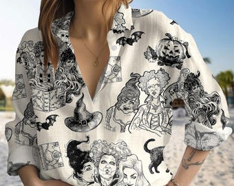 Blusa de Halloween, Camisa de lino de la película de Halloween, Camisa informal de las Hermanas Sanderson, Camisa de manga larga para mujer