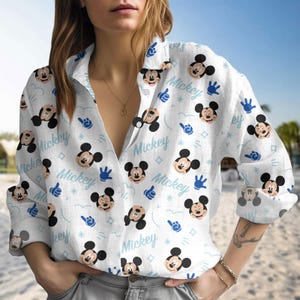 Mickey Mouse Blouse Shirt, Disney Vacation Top, Cute Button Down Blouse Shirt, Casual Long Sleeve Top, Magic Kingdom Linen-Look Shirt
