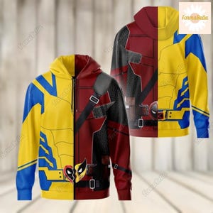 Halloween Deadpool And Wolverine Costume Shirt, Superhero Characters Cosplay Zip Hoodie, Deadpool 3 Movie Shirt, Halloween Costume Tee