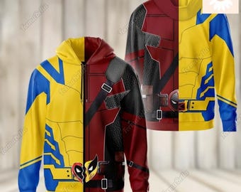 Halloween Deadpool And Wolverine Costume Shirt, Superhero Characters Cosplay Zip Hoodie, Deadpool 3 Movie Shirt, Halloween Costume Tee