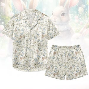 Bunny Short Satin Pajamas, Floral Pajamas Set, Cute Bunny Sleepwear, Satin Pajamas, Holiday Gift
