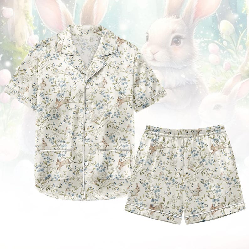 Bunny Short Satin Pajamas, Floral Pajamas Set, Cute Bunny Sleepwear, Satin Pajamas, Holiday Gift
