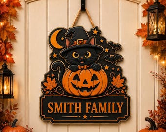 Personalized Halloween Wooden Door Sign, Custom Family Name Hanger, Spooky Black Cat Pumpkin Porch Decor, Rustic Fall Home Welcome Plaq