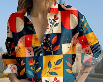 Geometrisk blommig blus, retro abstrakt blommig topp med knappar, färgblocksskjorta med botanisk design för kvinnor, djärv modern skjorta