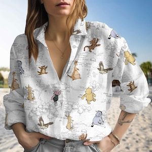 Disney Winnie The Pooh Bluse Shirt, Süßer Pooh Bär Button Down Bluse, Pooh Und Freunde Leinen-Look Shirt, Disney Pooh Bluse Shirt