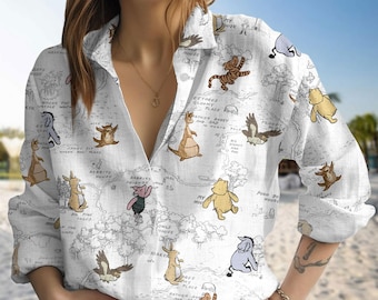 Disney Winnie The Pooh Blouse Shirt, Cute Pooh Bear Button Down Blouse, Pooh And Friends Blouse Shirt, Disney Pooh Blouse Shirt