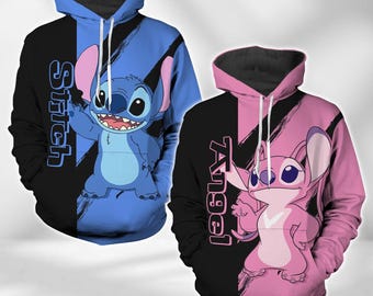 Valentines Day Gift, Personalized Stitch And Angel Hoodie, Disney Honeymoon Hoodie, Couples Matching Outfits, Lilo And Stitch Gift