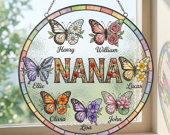 Personalized Nana Birth Flower Stained Glass Suncatcher Window Hanging, Mothers Day Gift, Gift for Mom or Grandma