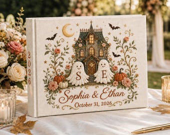 Personalized Halloween Wedding Guest Book, Custom Couple Names Ghost Guestbook, Hand Embroidered Haunted House Linen Book, Newlywed Gif
