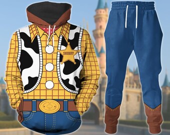 Bluza z kapturem i spodnie dresowe Woody'ego, zestaw dresów kowbojskich, odzież domowa postaci Disneya, bluza z kapturem z kostiumem Park Day, strój cosplay Toy Story