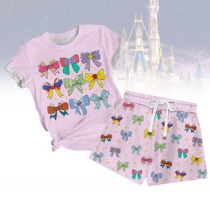 Disney Princess Cute Ribbons And Bows Tshirt And Shorts, Disney Princess Coquette Bow Tee Shirt, Disneyland Girl Summer Pajamas Sets