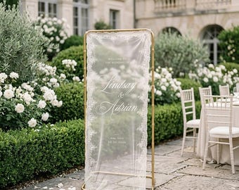 Custom Lace Wedding Sign, Personalized Sheer Fabric Banner, Romantic Garden Ceremony Decor
