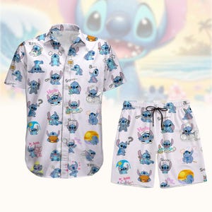 Lilo i Stitch Guziki Koszula Szorty, Uroczy Film Animowany Hawaje Krótkie, Stitch Lovers Koszula i Szorty, Disney Stitch Guziki Koszula Szorty