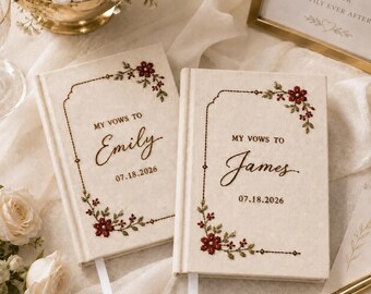 Personalized Wedding Vow Books For Wedding, His And Her Vows, Custom Names And Date, Embroidered Floral Bridal Keepsake Gift For Bride