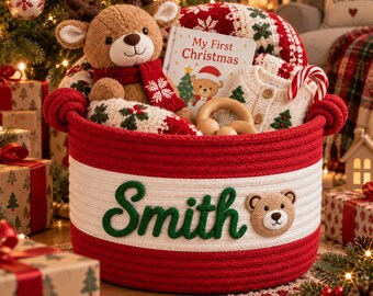 Personalized Name Christmas Baby Basket, Custom Rope Gift Basket, Kids Holiday Storage Basket, Christmas Eve Gift Idea