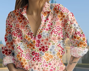 Colorful Floral Blouse Shirt, Vibrant Flower Print Button Down Top, Summer Garden Shirt for Women, Bright Botanical Button Down Blouse