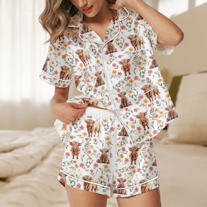 Cow Floral Satin Pajama Shorts, Cow Sleep Shorts, Women's Silky Lounge Shorts, Farm Animal Nightwear, Cow Satin Button Down Nightwear