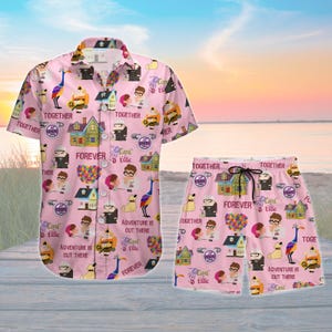 Carl And Ellie Button Shirt Shorts, Disney Wedding Button Down Shirt, Disney Honeymoon Button Shirt, Up House Balloons Hawaii Short