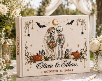 Personalized Halloween Wedding Guest Book, Custom Gothic Wedding Book, Embroidered Skeleton Linen Guestbook, Unique Wedding Keepsake