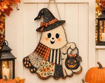 Halloween Family Name Door Hanger, Personalized Wooden Sign, Spooky Ghost Pumpkin Porch Decor, Personalized Fall Door Hanger