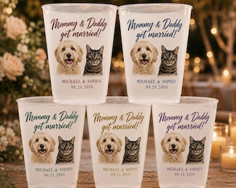 Personalized Pet Wedding Frosted Cups, Custom Dog and Cat Photo Cups, Mommy and Daddy Got Married Favors, Reception Party Drinkware