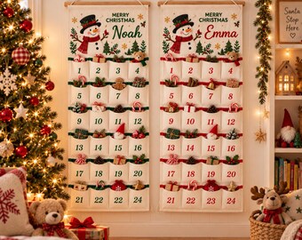 Personalized Kids Advent Calendar, Custom Name Fabric Christmas Countdown, 24 Pocket Wall Decor, Reusable Family Calendar