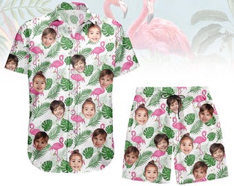 Custom Face Flamingo Button Shirt Shorts, Personalized Tropical Outfit, Funny Beach Flamingo Set, Vacation Matching Clothes For Him Her