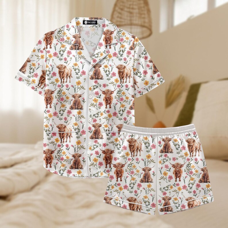 Cow Floral Satin Pajama Shorts, Cow Sleep Shorts, Women's Silky Lounge Shorts, Farm Animal Nightwear, Cow Satin Button Down Nightwear