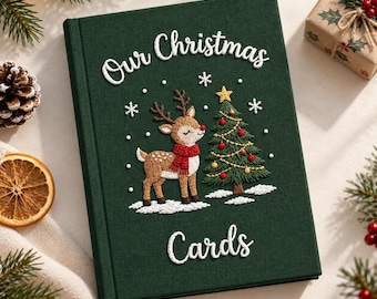 Christmas Card Holder Album, Embroidered Holiday Card Keeper Book, Family Xmas Memory Album, Annual Christmas Keepsake Storage