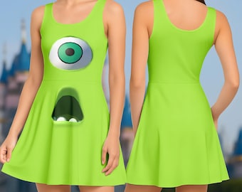 Mike Wazowski Costume Skater Dress, Green Monster Dress For Disneyland Trip, Monsters Inc Cosplay Outfit, Cute Halloween Dress