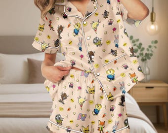 Zootopia Satin Pyjama Set, Disney Cartoon Charakter Seidenpyjamas, Judy und Nick Nachtwäsche, Zootopia Seidige Nachtwäsche, Disney Loungewear