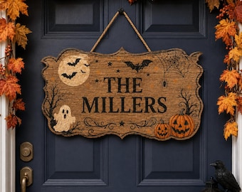 Cutsom Name Halloween Sign, Wooden Door Hanger, Ghost Pumpkin Porch Decor, Vintage Fall Entryway Home Accent