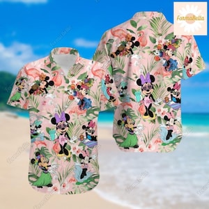Camisa hawaiana de Minnie para Halloween, camisa con botones de Minnie y Mickey, camisa playera de verano con personajes de Disney, linda camisa hawaiana tropical con dibujos animados