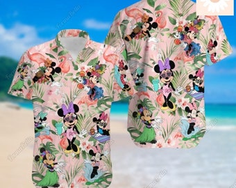 Halloween Minnie Hawaiian Shirt, Minnie And Mickey Button Shirt, Disney Characters Summer Beach Shirt, Cute Cartoon Tropical Aloha Shirt