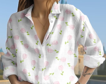 Tulip Blouse Shirt, Floral Print Button Down Top, Spring Garden Tulip Shirt, Vintage Flower Blouse, Retro Botanical Button Down Shirt