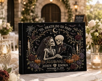 Halloween Wedding Guest Book, Til Death Do Us Part Guestbook, Gothic Wedding Sign In Book, Skeleton Bride Groom Custom Embroidered Albu