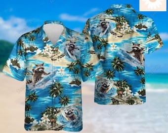 Halloween Raccoon Hawaiian Shirt, Surfing Raccoon Hawaii Shirt, Raccoon Button Shirt, Animal Summer Beach, Tropical Hawaii Tee