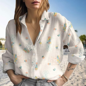 Micky Maus Bluse Shirt, Micky und Freunde Leinen-Look Shirt, Magic Kingdom Shirt, Disneyland Shirt, Disney Urlaub Langarmtop